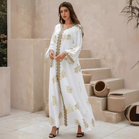 Robe de soirée longue en polyester pour femme, imprimé floral doré, abaya, robe modeste pour femmes musulmanes