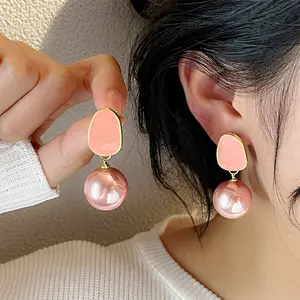 French Vintage Pink Freshwater Pearl Dangle Earrings Wedding Jewelry Elegant S925 Silver Needle Geometric Stud Pearl Earring
