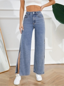 Summer New Women's High Waist Wide Leg Denim Pants Cotton Breathable Sexy Long Split Hem Straight Leg Fashion Jeans Pants - Product Image 4