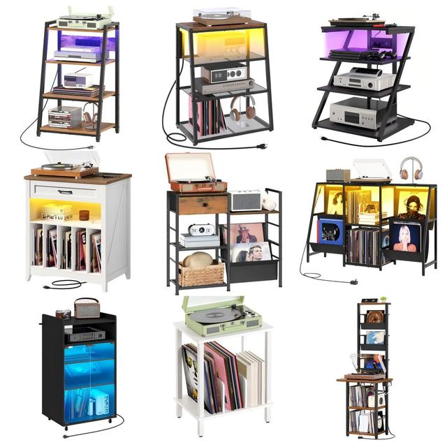 Wholesale Record Player Stand, AV Media Rack with CD Storage, Black Entertainment Device Shelf with Record Organizer and Display