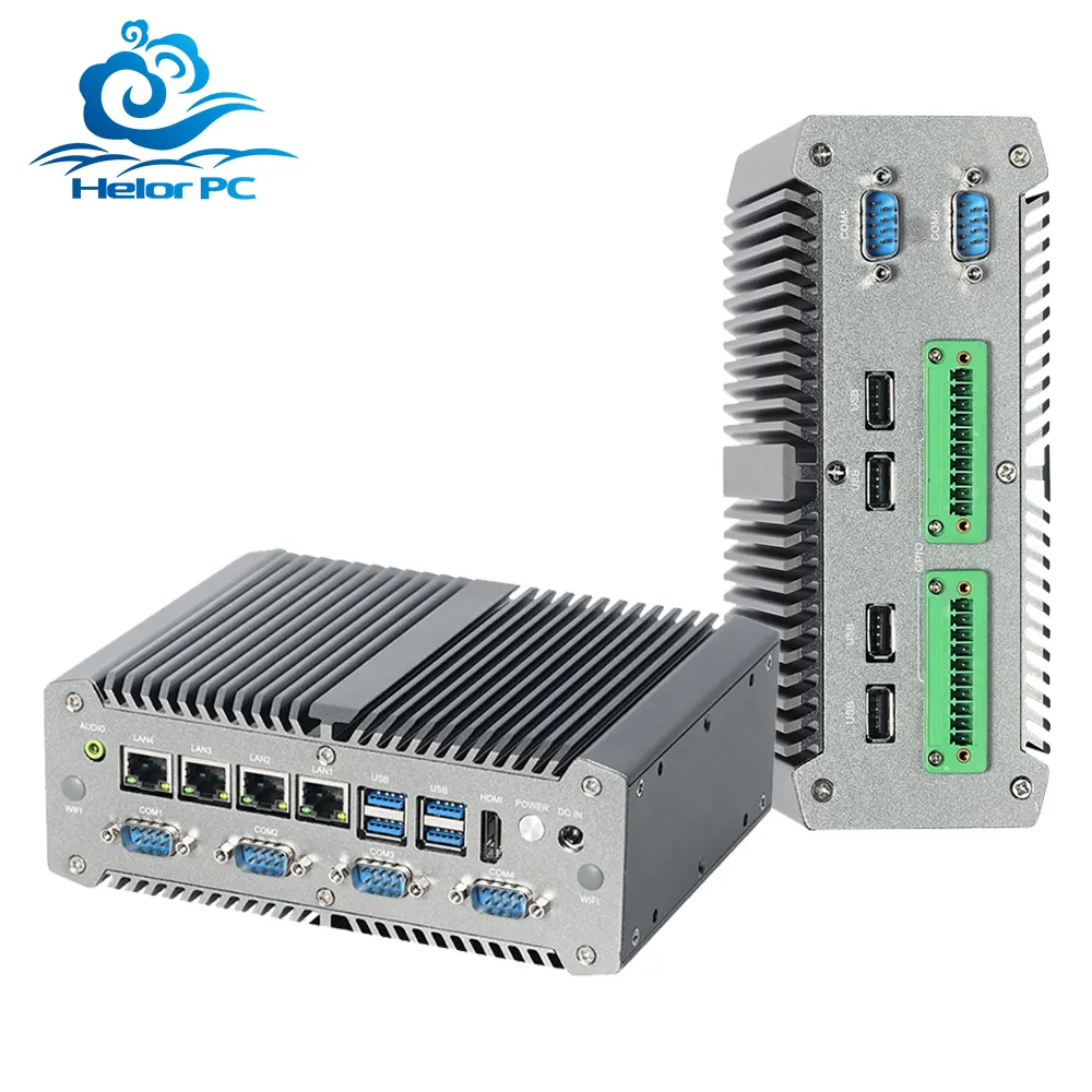 HelorPC MiniPC Intel i5 i7 DDR4 4 พอร์ตอีเธอร์เน็ต 6 RS232 RS485 RS422 COM GPIO อุตสาหกรรม Fanless มินิพีซีคอมพิวเตอร์คอมพิวเตอร์
