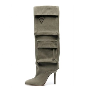 Women's Knee High Thin Heels Pockets Boots Square Toe on Stiletto Wide Fit <b>Long</b> Booties Denim Fabric Shoes - Product Image 2