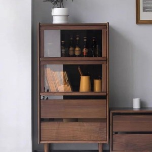 Living Room Storage <b>Cabinet</b> <b>Walnut</b> Color Solid Wood Standing <b>Cabinet</b> With Glass Door And Drawers For Home Use - Product Image 2