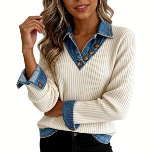 Women's Ribbed Knit Denim Trim Knit <b>Shirt</b> - V-Neck Button Detail Long Sleeve Top Fashion - Product Image 5