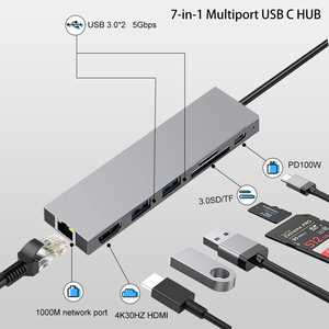 Adaptateur de concentrateur USB C 7 en 1 Type C vers HDMI 4K30Hz Ethernet USB 3.0 SD/TF PD100W HUB Dockstation pour <span class=keywords><strong>Macbookpro</strong></span> - Product Image 2