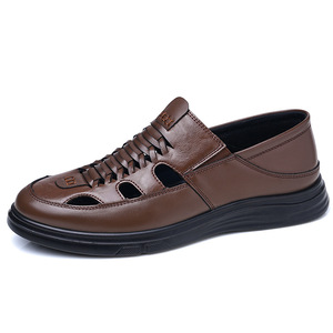 Mules pour hommes en cuir véritable, à bout fermé, respirantes, sandales décontractées d'été, semelle extérieure en caoutchouc, motif uni - Product Image 5