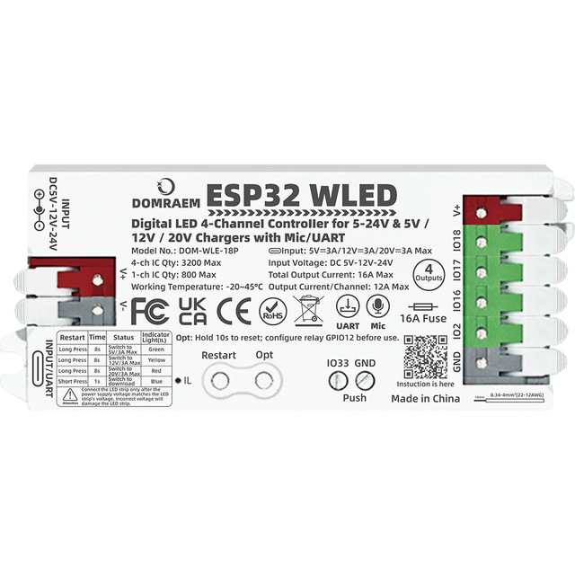 DOMRAEM ESP32 Four-Channel WLED Music Rhythm Controller | Dual PD/DC Power Supply | 16A High Power | Wi-Fi Enabled | App Control