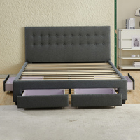 Lit convertible King Size avec tête de lit capitonnée à boutons, en tissu gris, 4 tiroirs de rangement, mobilier de maison - Vente en gros usine