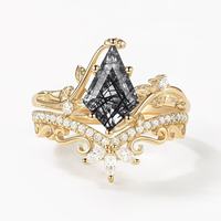Bague de fiançailles vintage en argent sterling 925 et or jaune 14 carats avec pierre rutilée noire taille cerf-volant
