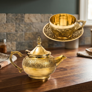 Vintage Brass Tea Pot With Lid And <b>Cup</b> <b>Saucer</b> Set Decorative Metal Water Pot With Handle Ornate Design - Product Image 4