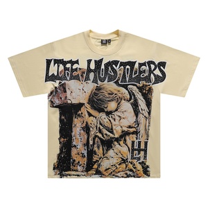 Cross-Border Life Hustler Amerikanischer Retro-Streetwear-Stil Trendige Marke Bedrucktes T-Shirt mit aufgebrachten Strass-Steinen aus 100% gekämmter Baumwolle - Product Image 3