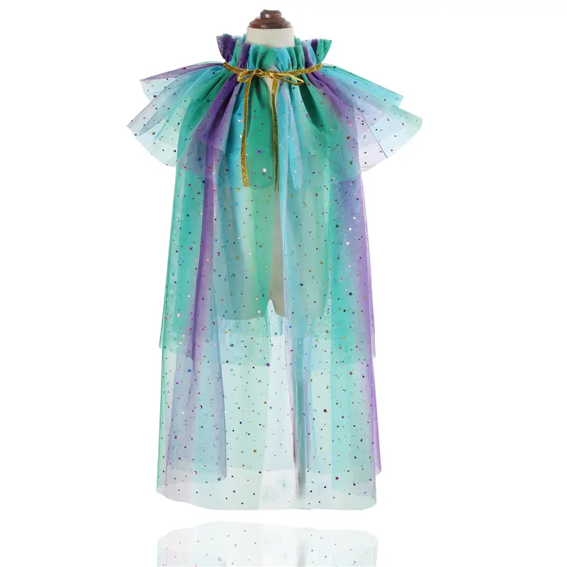 थोक राजकुमारी फैंसी ड्रेस कॉस्टयूम सेक्विन केप बर्थडे पार्टी कॉसप्ले स्पार्कल लबादा लड़की जलपरी इंद्रधनुष रंग के लिए