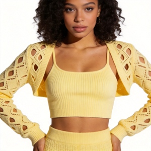 Conjunto de <span class=keywords><strong>Dos</strong></span> Piezas Personalizado BSCI/WRAP para Mujer, Estilo Vintage, Color Amarillo Mantequilla, Bolero Tejido con Logotipo Frontal, Camiseta sin Mangas, Suéter Dulce y Picante - Product Image 4