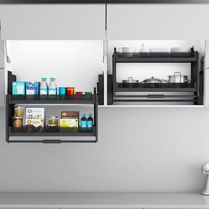 Cestello Estraibile a Doppio Strato in Lega di Alluminio con Funzione Sollevamento e Abbassamento per Ripiani Sopraelevati di Armadi, Portapiatti - Product Image 5