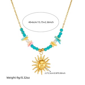 Colorful Irregular Stone Beaded Necklace Gold Plated Sun Pendant Stainless Steel Chain Party Fashion Jewelry - Product Image 4