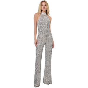 Women's Elegant Sexy Anti-Wrinkle Rhinestone Sequin Stand Collar <b>Jumpsuit</b> Regular Fit Flare-Leg Formal <b>Party</b> Summer Solid Nylon - Product Image 1