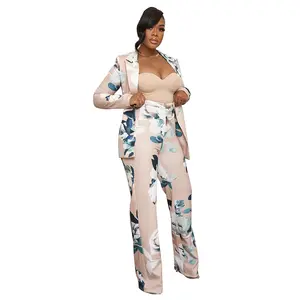 Women's Flower Printed Pants 2 -piece Suit With Belt Belt Suit Jacket And Trousers Lady 2 Pieces