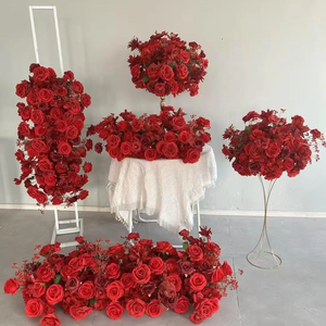 A-FR107 ดอกไม้สีแดงบริสุทธิ์ สายดอกไม้สีแดง ลูกบอลดอกไม้สีแดง ประดับด้วยใบไม้สีเขียวบางส่วน สำหรับตกแต่งงานแต่งงาน - Product Image 2