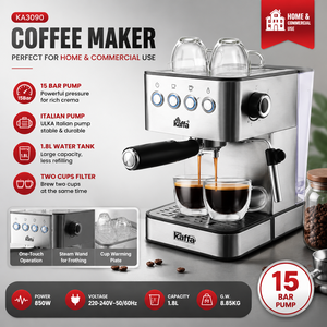 Machine à café expresso Foodsense en acier inoxydable, 15 bars, commande tactile, buse vapeur automatique, réservoir d'eau de 1,8 L, 850 W, usage domestique et commercial - Product Image 1