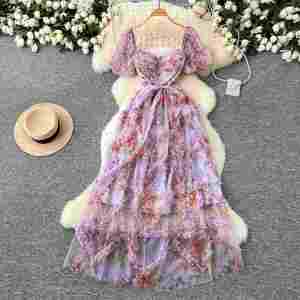 Túnica de Verano Estilo Fairycore con Estampado Digital Tejido, Transpirable y Ecológica, para Vestido Midi con Volantes y Corte en A, Cintura Imperio, Corto - Product Image 1