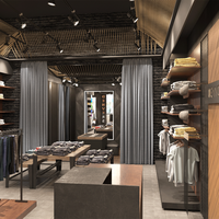 Présentoir de magasin de vêtements haut de gamme avec cabine d'essayage Étagères murales de vêtements en îlot en bois personnalisées vitrine en verre métallique