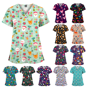 Women's Printed Christmas Woven Polyester <b>Scrubs</b> <b>Top</b> Short Sleeve Nursing Set with Elastic Shirt 2025 2026 Holiday Season - Product Image 4