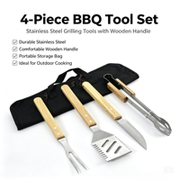 Ensemble de 4 outils de barbecue portables en acier inoxydable robuste avec manche en bois pour le camping en plein air