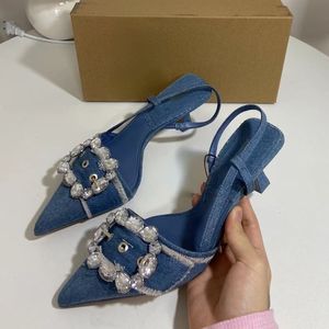 Nuove <span class=keywords><strong>Scarpe</strong></span> da Donna Europee <span class=keywords><strong>con</strong></span> <span class=keywords><strong>Tacco</strong></span> Alto a Stiletto, Modello Slingback in Denim Blu, per l'Estate - Product Image 4