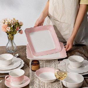 2025 French Lace Ceramic Dinnerware <b>Set</b> Embossed Floral Edge Gold-Trimmed Soup Rice Bowl Wholesale Home <b>Restaurant</b> Cup Kit - Product Image 4