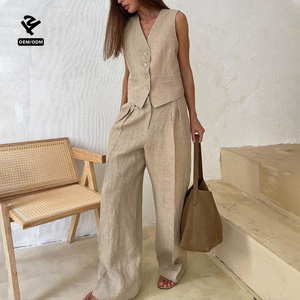 Ensemble blazer pour <span class=keywords><strong>femme</strong></span> F5285, débardeur sans manches à col en V, vêtements décontractés en <span class=keywords><strong>lin</strong></span>, ensemble 2 pièces, veste et <span class=keywords><strong>pantalon</strong></span>, ensemble deux pièces pour <span class=keywords><strong>femme</strong></span> - Product Image 2