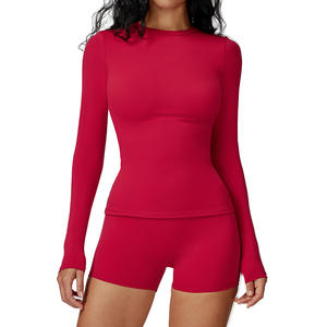 Disko Sport Haut de yoga pour femme à manches longues, col rond, coupe ajustée, couleur unie, t-shirt de sport ECX3101 - Product Image 3