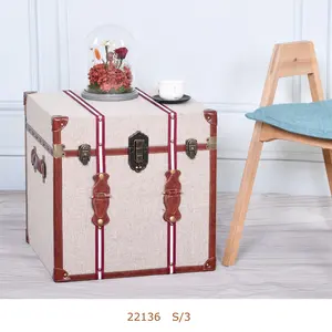 行李箱储物盒套装帆布表面木质装饰手工制作多功能欧洲家用储物方形木质行李箱木箱