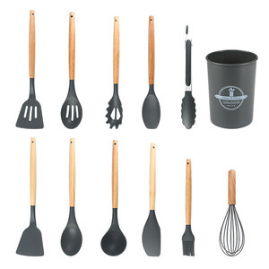 Ensemble d'ustensiles <span class=keywords><strong>de</strong></span> <span class=keywords><strong>cuisine</strong></span> <span class=keywords><strong>en</strong></span> <span class=keywords><strong>silicone</strong></span> sans BPA, non toxique, cuillère, spatule, tourne-broche, pinces, 12 pièces, manche <span class=keywords><strong>en</strong></span> bois - Product Image 4