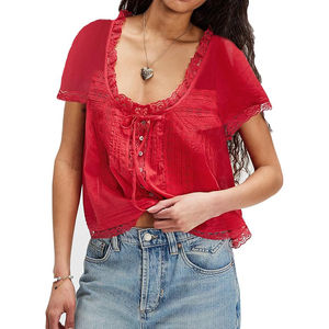 Blusa Corta con Encaje y Botones en la Parte Delantera, Estilo <span class=keywords><strong>Chic</strong></span>, para Mujer, 2026, Manga Corta Semitransparente, Cuello Redondo, Algodón, Estilo Y2K, <span class=keywords><strong>Coqueta</strong></span> - Product Image 4