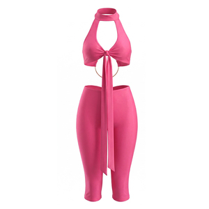 Viviblook J26ST290 Women <b>Sexy</b> Sleeveless <b>Set</b> Halter Strapless Hollow Out Twisted Ribbon Crop Top Cropped Pant Two Piece <b>Set</b> - Product Image 5
