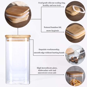 Clear Glass Microwavable Airtight Pressed Food Storage Container Bamboo Lids <b>Canister</b> <b>Set</b> for Kitchen Use Pasta Flour Cereal - Product Image 4