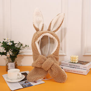Bonnet une pièce pour enfants automne-hiver, avec oreilles de lapin mignonnes, écharpe intégrée – motif dessin animé, extérieur, peluche épaisse, vente en gros - Product Image 4