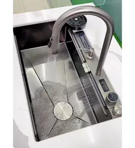 Digital anzeige Multifunktions-Wasserfall Wasserhahn Waschbecken Küche Edelstahl Single Bowl Keramik Küchen spüle mit Messer halter