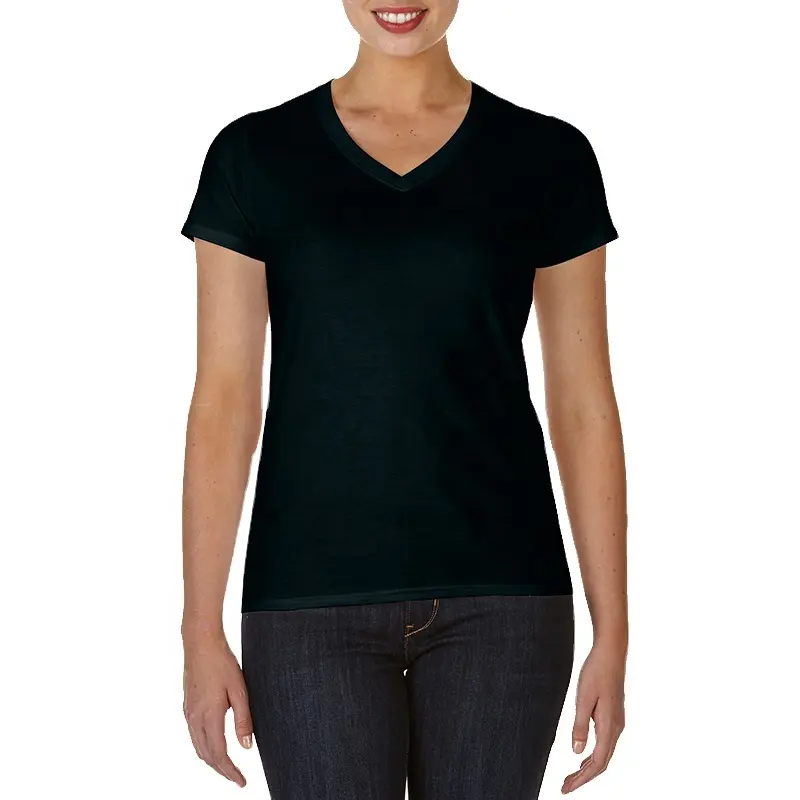 Женские футболки из 100% хлопка с V-образным вырезом, футболка без рисунка с коротким рукавом для девочек с индивидуальным принтом, Летние повседневные футболки для женщин