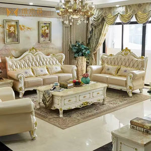 غرفة معيشة من الجلد الأوروبي ، مجموعة فاخرة من الخشب الصلب المنحوت من جلد البقر الطبقة العلوية لغرفة المعيشة - Product Image 1