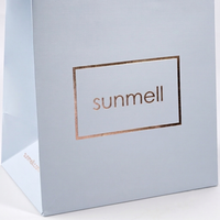 Sac shopping en papier bleu clair de luxe avec logo personnalisé en feuille d'or et poignée en ruban de satin bleu pour l'emballage de produits cosmétiques de boutique