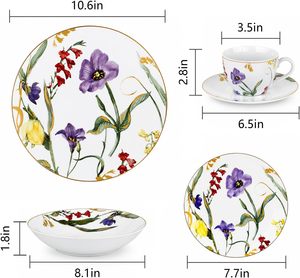 <span class=keywords><strong>Service</strong></span> de vaisselle en <span class=keywords><strong>porcelaine</strong></span> à bordure dorée florale, 8 assiettes, bols, tasses |   Motif végétal, imprimé floral irisé naturel, luxe - Product Image 5