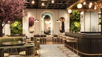 Meubles de café d'hôtel de luxe haut de gamme, table et chaise de salle à manger, canapé de restaurant demi-cercle rond en bois et velours vert à dossier haut