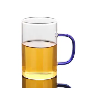 Tasse à thé en verre transparent épaissi, à poignée couleur unique, grande capacité, gobelet d'eau de bureau à domicile,