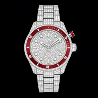 Montre à quartz en acier inoxydable avec lunette rouge sertie de diamants et de moissanite |   Montre de luxe personnalisée entièrement pavée de pierres