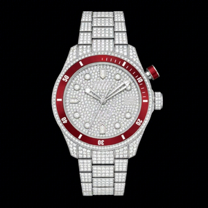 Reloj con Bisel Rojo y Diamantes Incrustados |   Reloj de Lujo con Moissanita |   Reloj Personalizado Completamente Pavimentado - Product Image 1