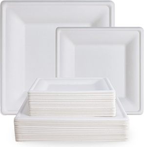 Assiette carrée jetable de 6 pouces en pulpe de bagasse de canne à sucre blanche, compostable, pour fêtes et événements - Product Image 1