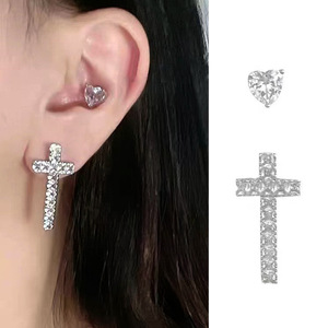 E4755 <b>White</b> <b>Gold</b> <b>Cross</b> Stud Earrings With Round Diamond Channel Setting Religious Unisex Jewelry - Product Image 3