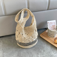 Tas Tote Jerami Anyaman Warna-warni Vintage Motif Bunga Berongga untuk Liburan Pantai, Tahan Lama