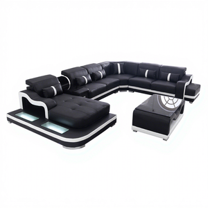 Canape De Salon Moderne En Cuir Noir Salon Meubles Sectionnel Grand Canapé Ensemble avec lumière <span class=keywords><strong>LED</strong></span> - Product Image 1